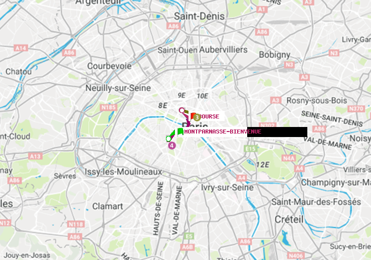 plan itinéraire ratp de Montparnasse-Bienvenue à Bourse