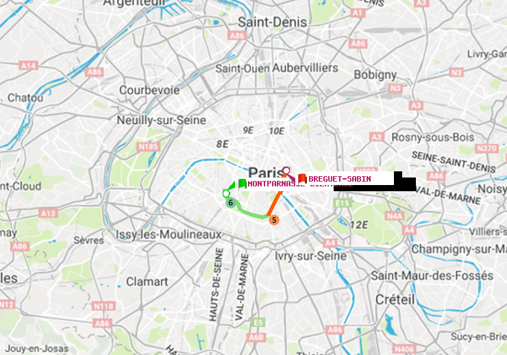 plan itinéraire ratp de Montparnasse-Bienvenue à Bréguet-Sabin