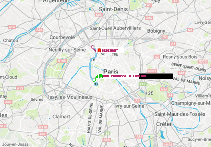plan itinéraire ratp de Montparnasse-Bienvenue à Brochant