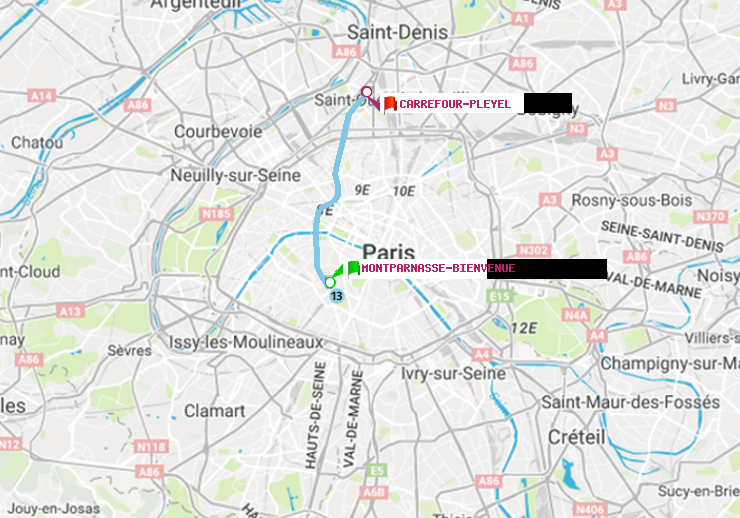 plan itinéraire ratp de Montparnasse-Bienvenue à Carrefour-Pleyel