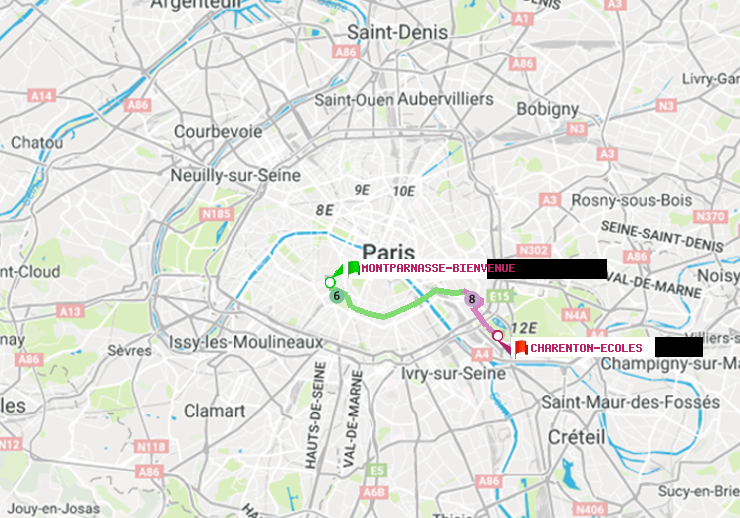 plan itinéraire ratp de Montparnasse-Bienvenue à Charenton-Ecoles