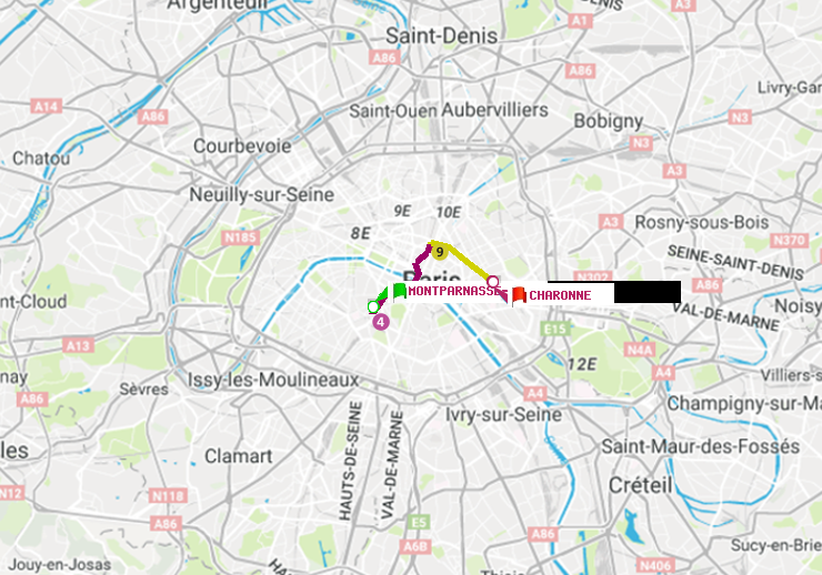 plan itinéraire ratp de Montparnasse-Bienvenue à Charonne