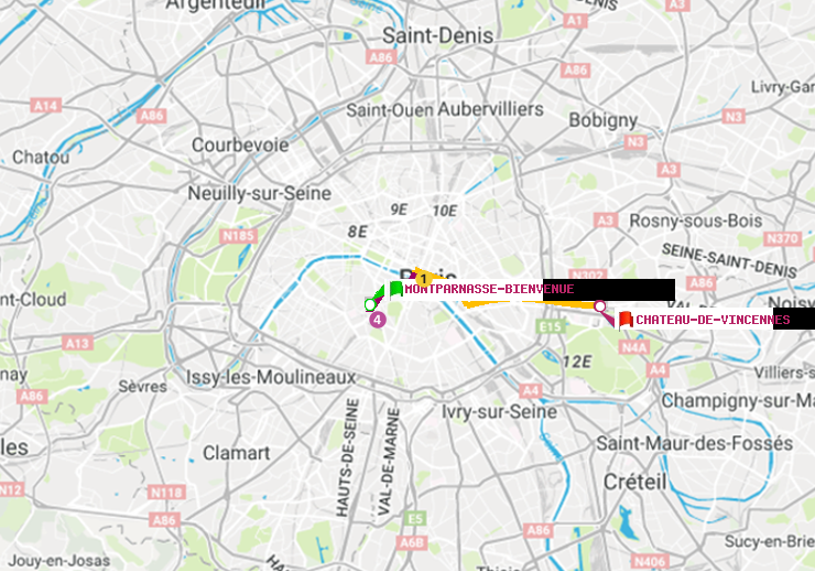 plan itinéraire ratp de Montparnasse-Bienvenue à Château de Vincennes