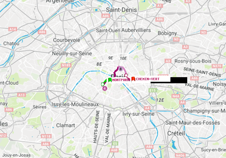 plan itinéraire ratp de Montparnasse-Bienvenue à Chemin Vert