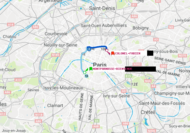 plan itinéraire ratp de Montparnasse-Bienvenue à Colonel Fabien