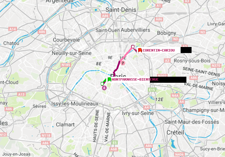plan itinéraire ratp de Montparnasse-Bienvenue à Corentin-Cariou