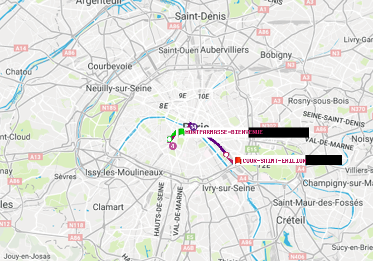 plan itinéraire ratp de Montparnasse-Bienvenue à Cour Saint-Emilion