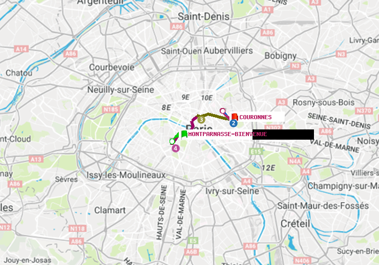 plan itinéraire ratp de Montparnasse-Bienvenue à Couronnes