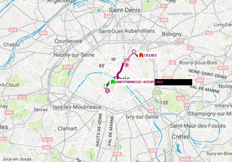 plan itinéraire ratp de Montparnasse-Bienvenue à Crimée