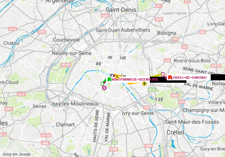 plan itinéraire ratp de Montparnasse-Bienvenue à Croix-de-Chavaux (Jacques Duclos)