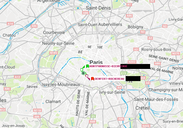 plan itinéraire ratp de Montparnasse-Bienvenue à Denfert-Rochereau
