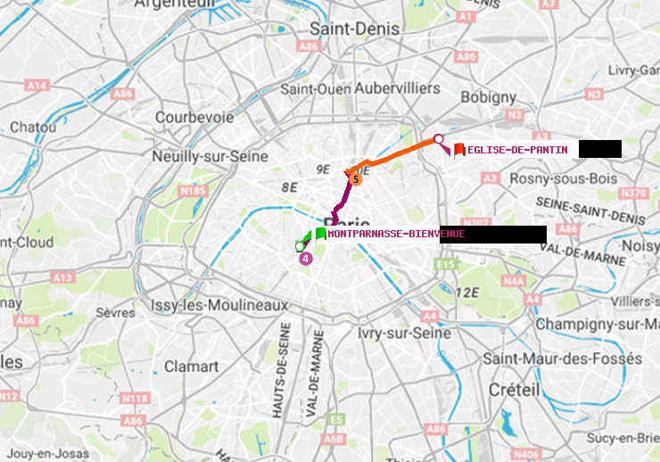 plan itinéraire ratp de Montparnasse-Bienvenue à Eglise de Pantin
