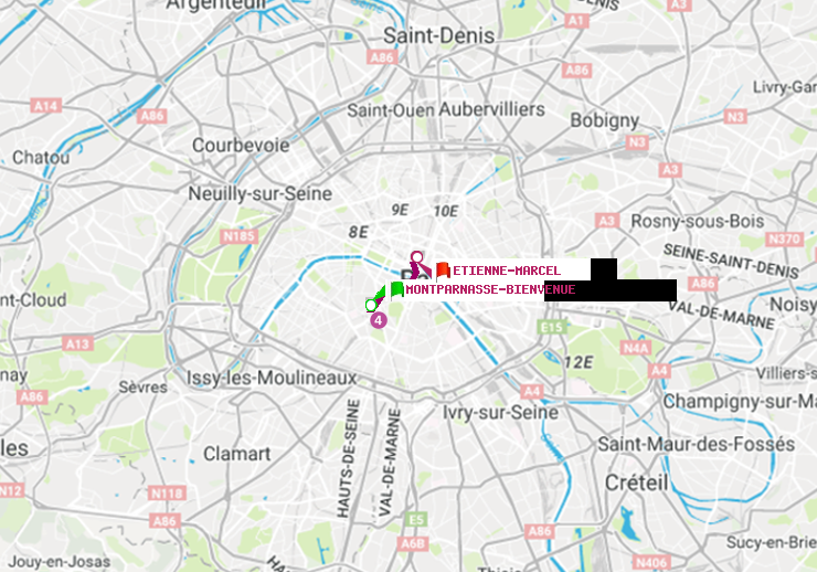 plan itinéraire ratp de Montparnasse-Bienvenue à Etienne Marcel