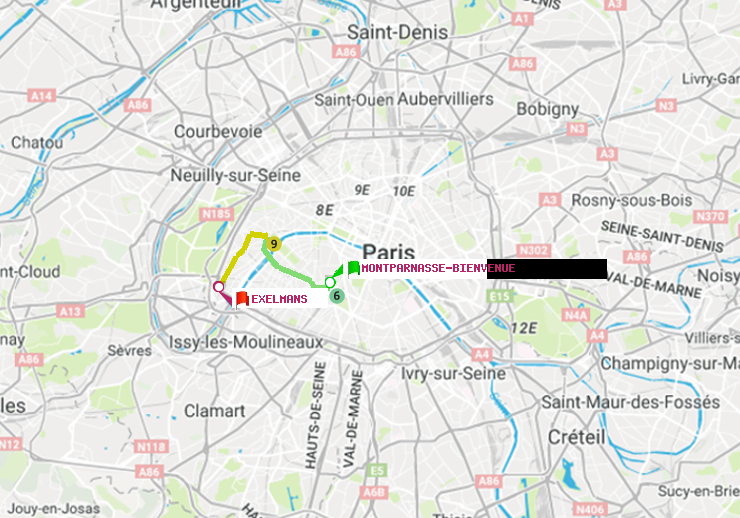 plan itinéraire ratp de Montparnasse-Bienvenue à Exelmans