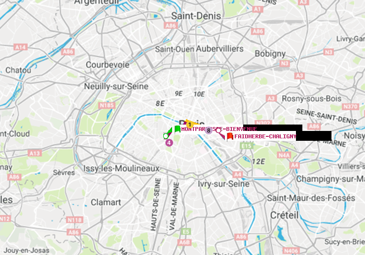 plan itinéraire ratp de Montparnasse-Bienvenue à Faidherbe-Chaligny