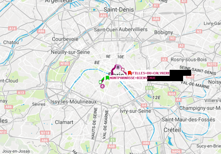 plan itinéraire ratp de Montparnasse-Bienvenue à Filles du Calvaire