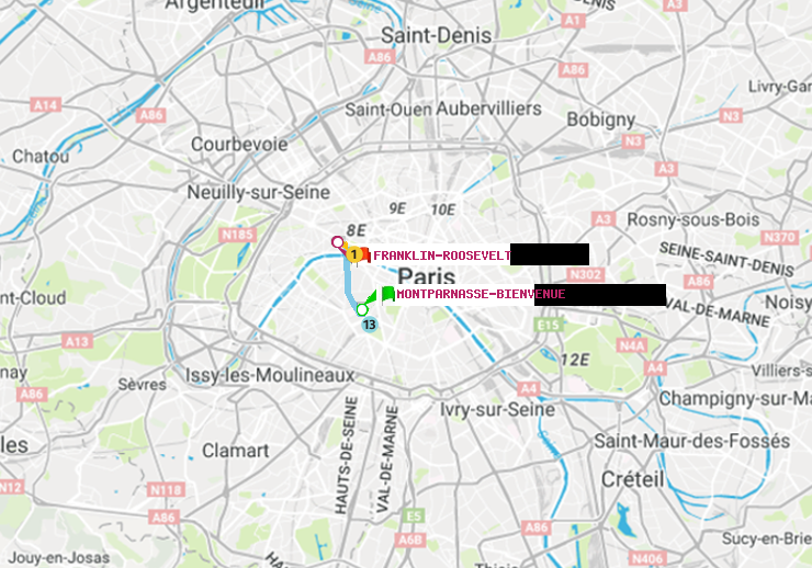 plan itinéraire ratp de Montparnasse-Bienvenue à Franklin-Roosevelt