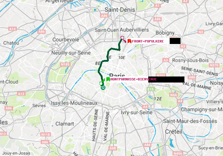 plan itinéraire ratp de Montparnasse-Bienvenue à Front Populaire
