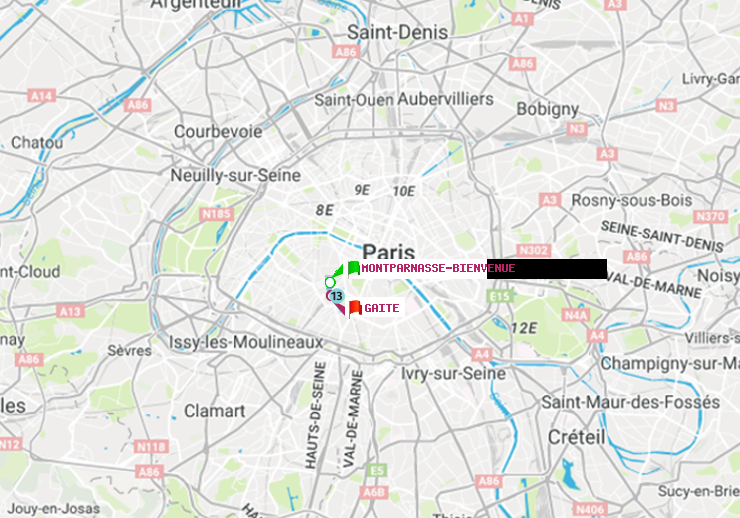 plan itinéraire ratp de Montparnasse-Bienvenue à Gaité