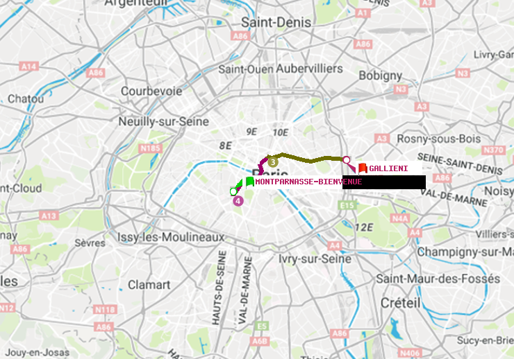 plan itinéraire ratp de Montparnasse-Bienvenue à Gallieni (Parc de Bagnolet)