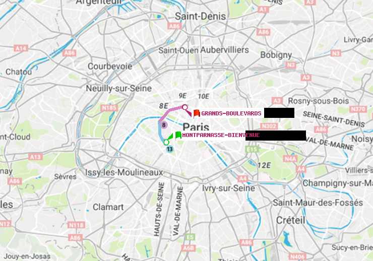 plan itinéraire ratp de Montparnasse-Bienvenue à Grands Boulevards