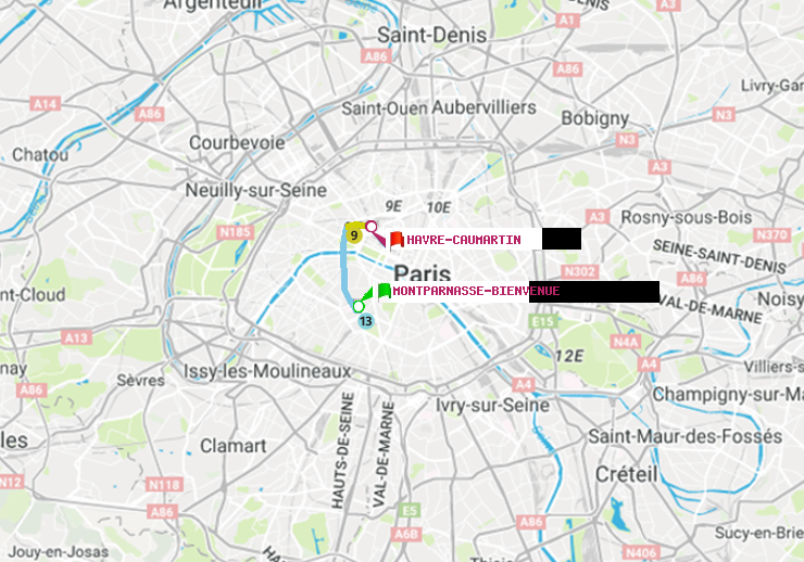 plan itinéraire ratp de Montparnasse-Bienvenue à Havre-Caumartin