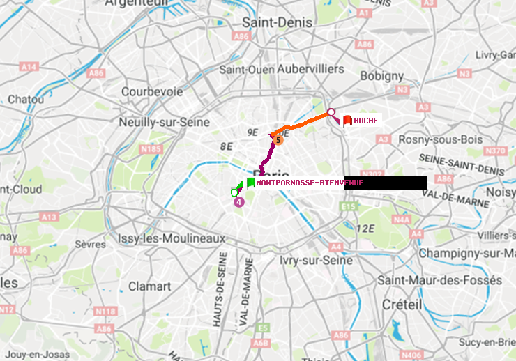 plan itinéraire ratp de Montparnasse-Bienvenue à Hoche
