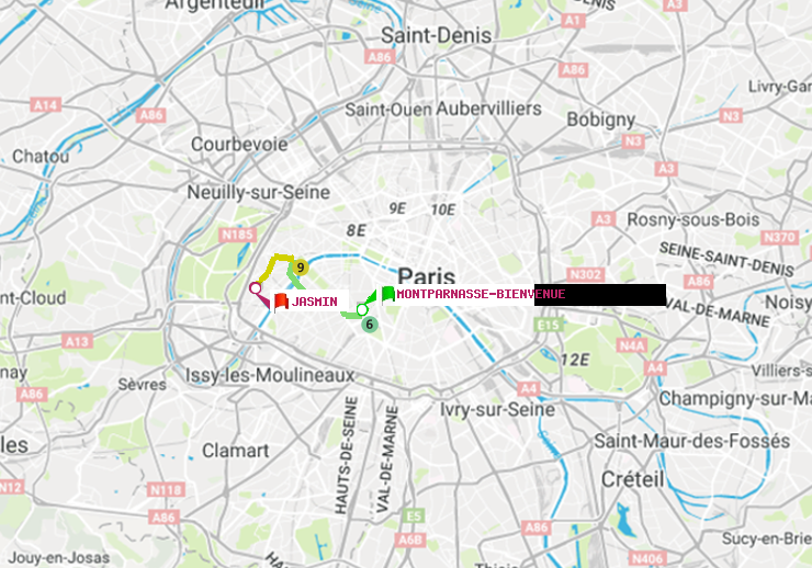 plan itinéraire ratp de Montparnasse-Bienvenue à Jasmin