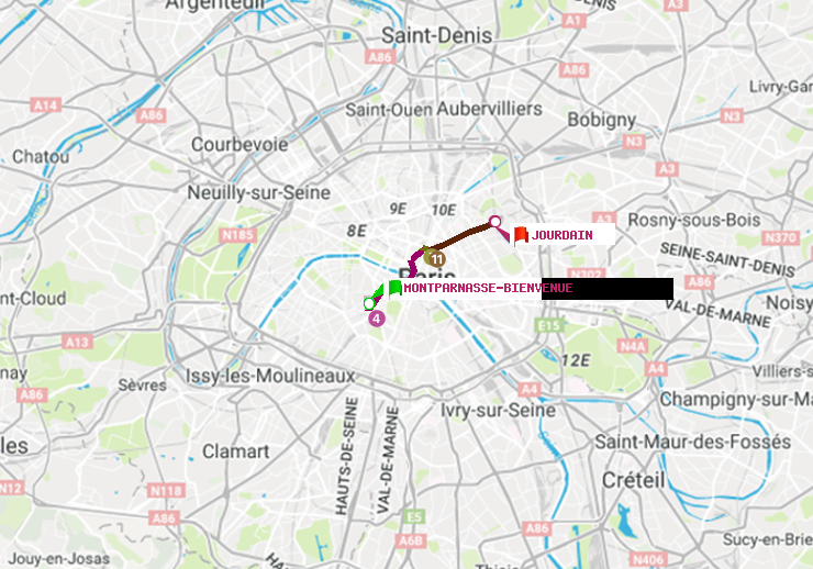 plan itinéraire ratp de Montparnasse-Bienvenue à Jourdain