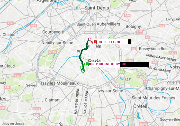 plan itinéraire ratp de Montparnasse-Bienvenue à Jules Joffrin