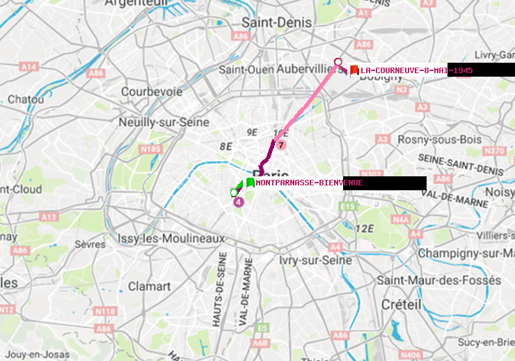 plan itinéraire ratp de Montparnasse-Bienvenue à La Courneuve-8-Mai-1945