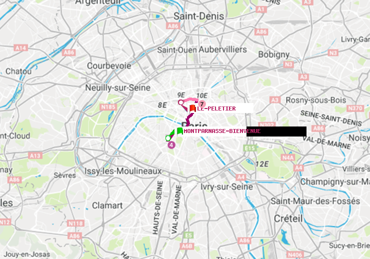 plan itinéraire ratp de Montparnasse-Bienvenue à Le Peletier