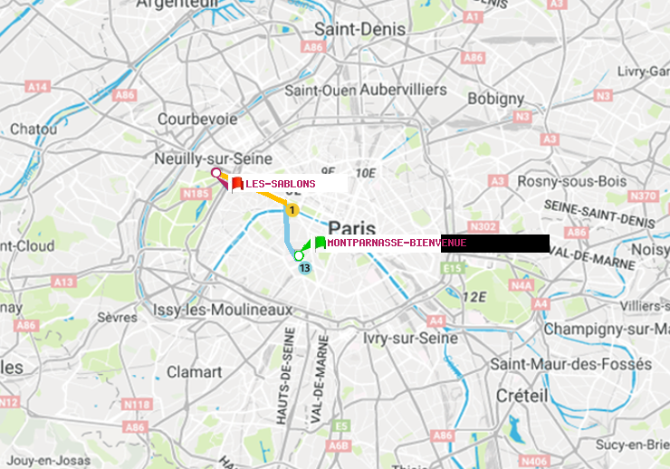 plan itinéraire ratp de Montparnasse-Bienvenue à Les Sablons (Jardin d