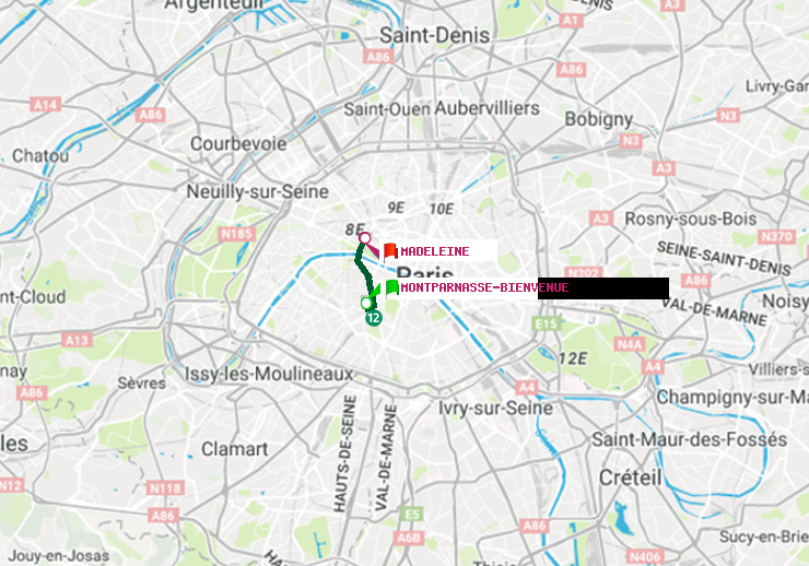 plan itinéraire ratp de Montparnasse-Bienvenue à Madeleine