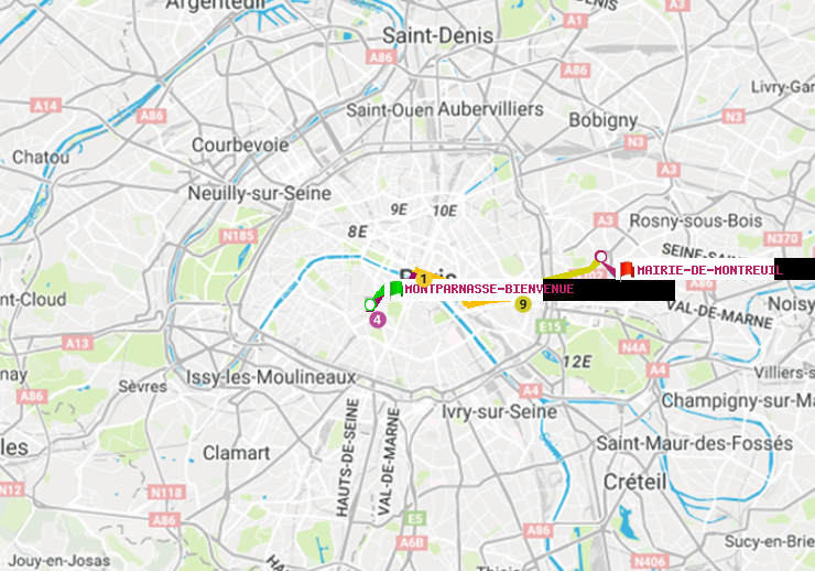 plan itinéraire ratp de Montparnasse-Bienvenue à Mairie de Montreuil