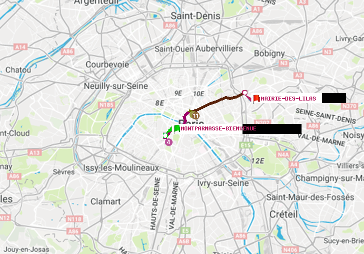 plan itinéraire ratp de Montparnasse-Bienvenue à Mairie des Lilas