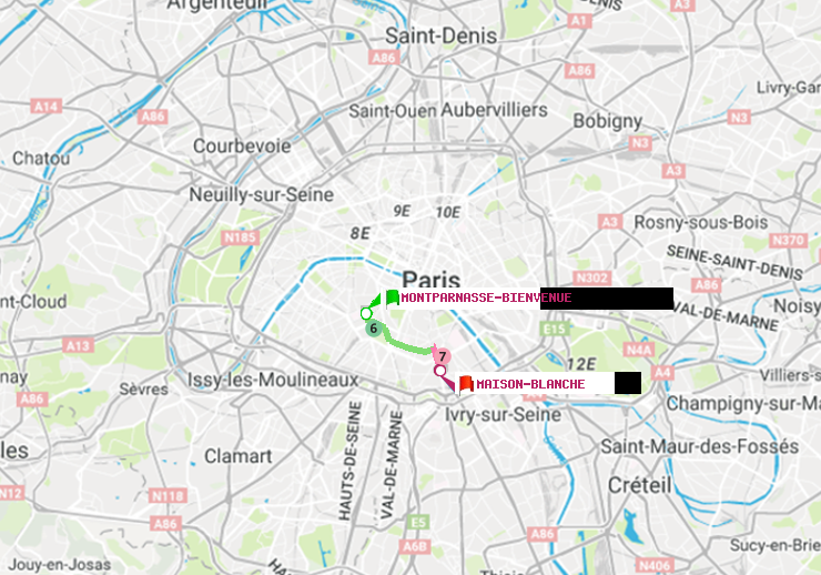 plan itinéraire ratp de Montparnasse-Bienvenue à Maison Blanche