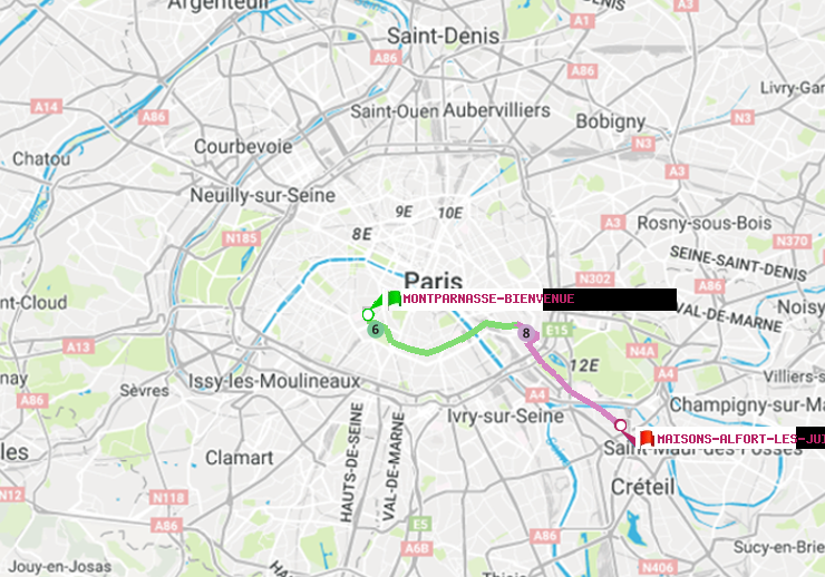 plan itinéraire ratp de Montparnasse-Bienvenue à Maisons-Alfort-Les Juilliottes