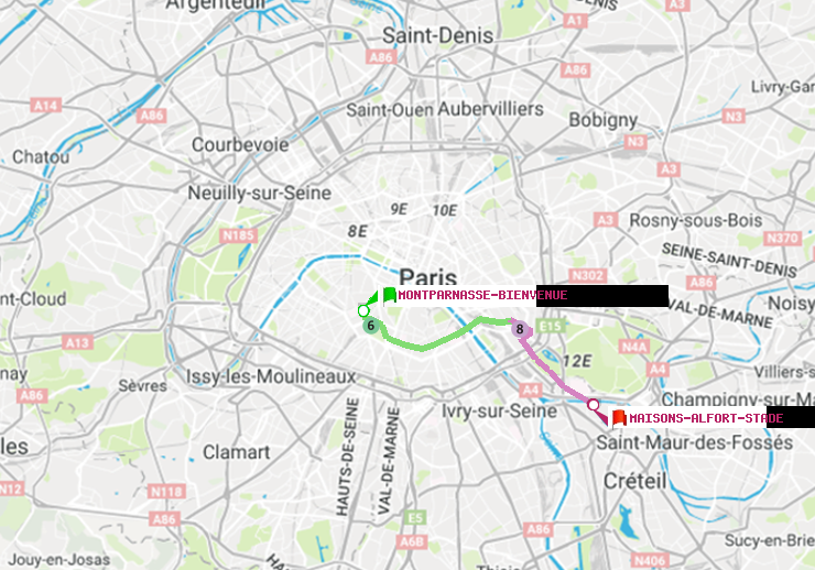plan itinéraire ratp de Montparnasse-Bienvenue à Maisons-Alfort-Stade