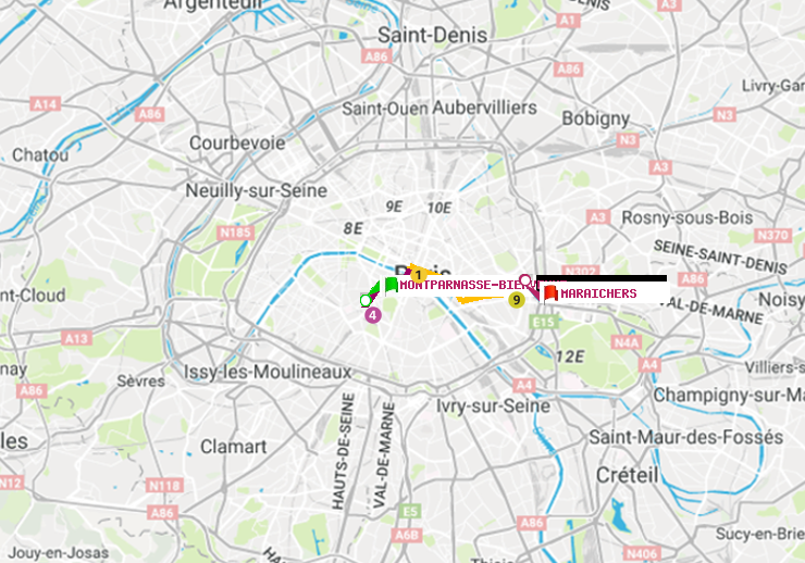 plan itinéraire ratp de Montparnasse-Bienvenue à Maraichers