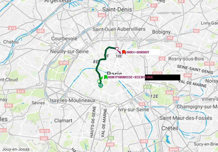plan itinéraire ratp de Montparnasse-Bienvenue à Marx-Dormoy