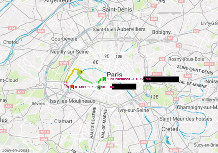 plan itinéraire ratp de Montparnasse-Bienvenue à Michel-Ange-Molitor