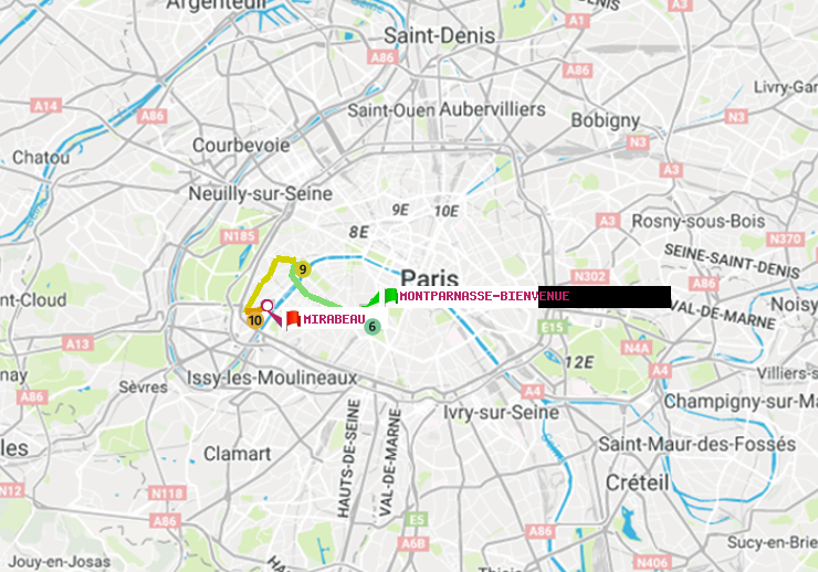 plan itinéraire ratp de Montparnasse-Bienvenue à Mirabeau