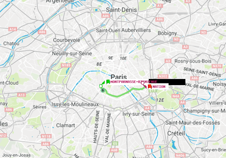 plan itinéraire ratp de Montparnasse-Bienvenue à Nation