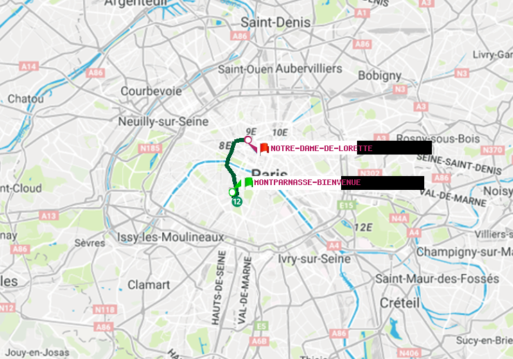 plan itinéraire ratp de Montparnasse-Bienvenue à Notre-Dame de Lorette