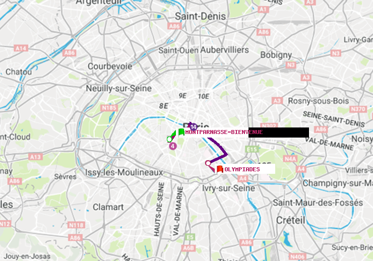 plan itinéraire ratp de Montparnasse-Bienvenue à Olympiades