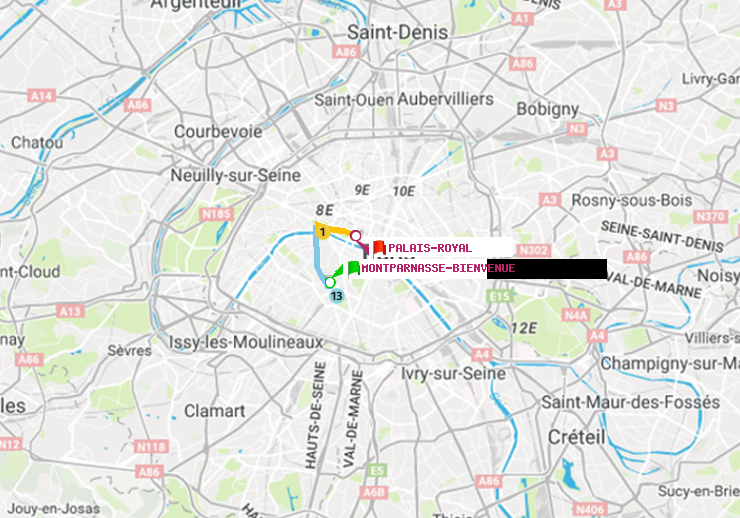 plan itinéraire ratp de Montparnasse-Bienvenue à Palais-Royal (Musée du Louvre)