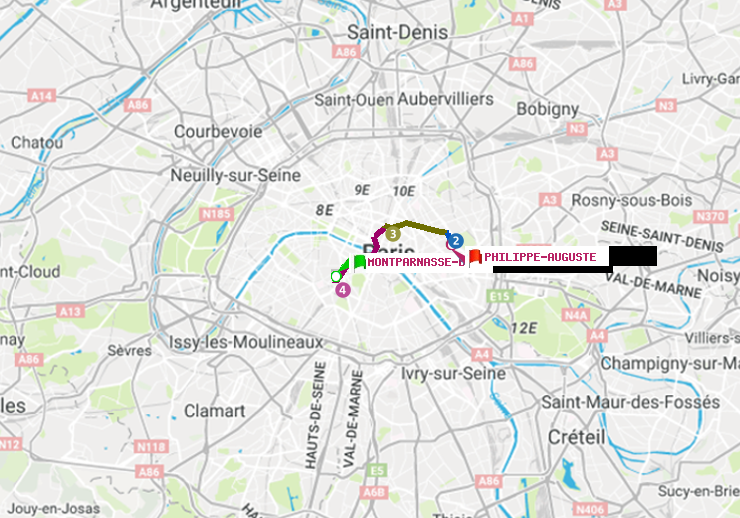 plan itinéraire ratp de Montparnasse-Bienvenue à Philippe Auguste