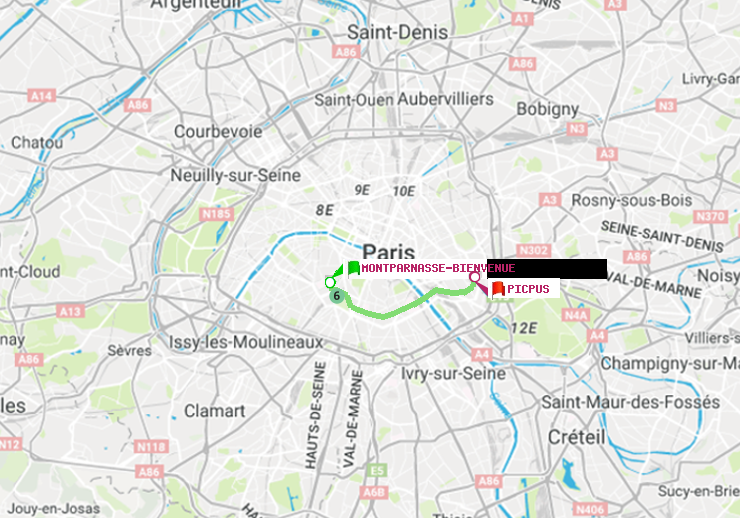 plan itinéraire ratp de Montparnasse-Bienvenue à Picpus