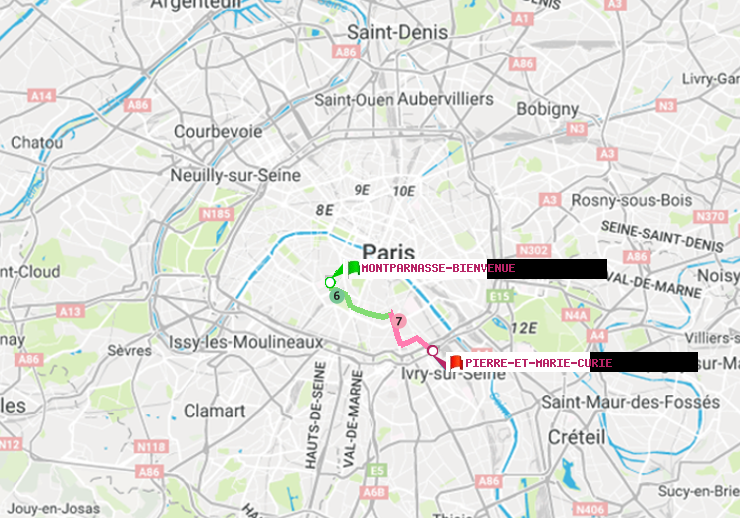 plan itinéraire ratp de Montparnasse-Bienvenue à Pierre et Marie Curie